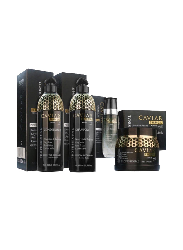 Caviar Keratin and Active Collagen Charcoal Set with Shampoo 850ml, Conditioner 850ml, Hair Mask 1000ml and Serum 120ml, 4 Pieces