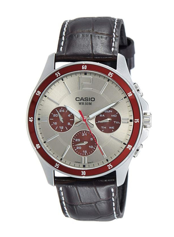 Casio Enticer Analog Wrist Watch for Men with Leather Band, Water Resistant and Chronograph, MTP-1374L-7A1VDF, Brown-Silver