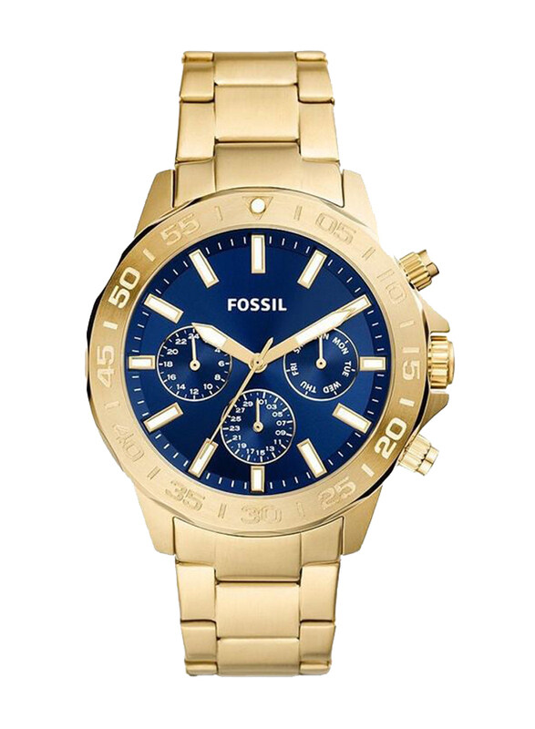 

Fossil Bannon Analog Watch for Men With Stainless Steel Band, Water Resistant with Chronograph, Gold-Blue