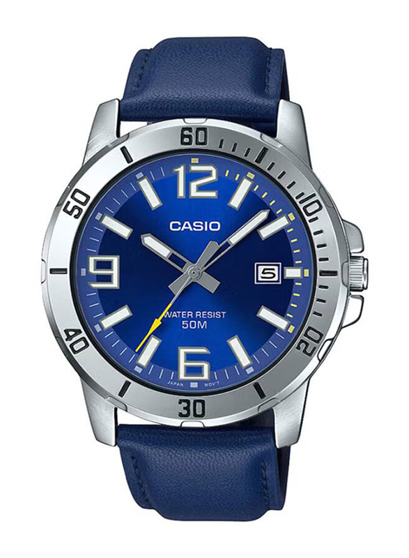 Casio Enticer Analog Quartz Watch for Men with Leather Band, Water Resistant, MTP-VD01L-2BVUDF, Blue/Silver