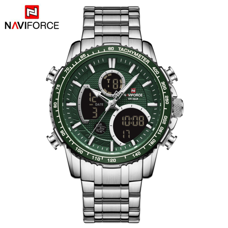 

Navi Force Analog Watch for Men with Stainless Steel Band, Water Resistant and Chronograph, 9182, Silver-Green