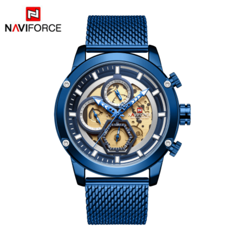 

Naviforce Analog Watch for Men with Mesh Band, Water Resistant and Chronograph, 9167, Blue-Gold