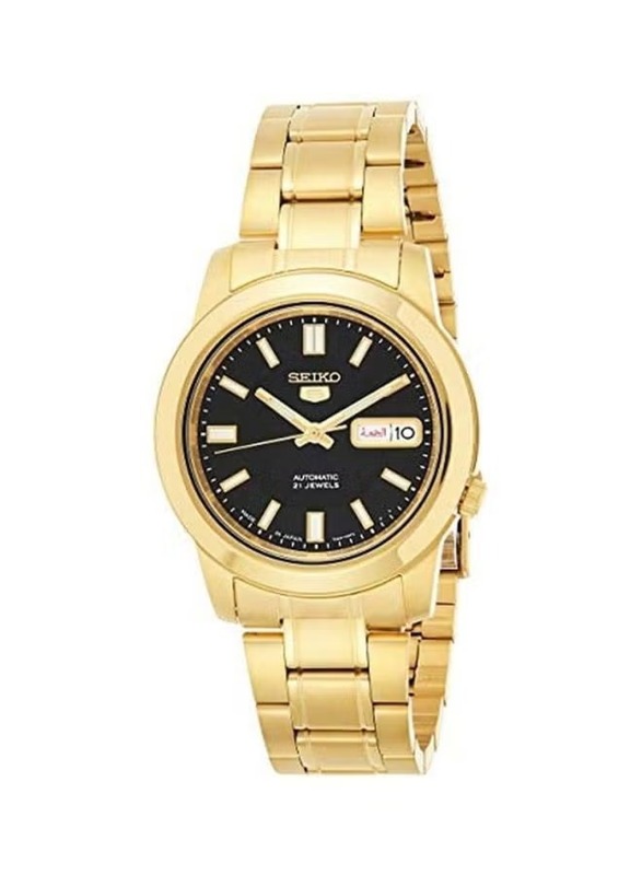 Seiko Series 5 Analog Wrist Watch for Men with Stainless Steel Band, Water Resistant, SNKK22K1, Gold-Black/Gold