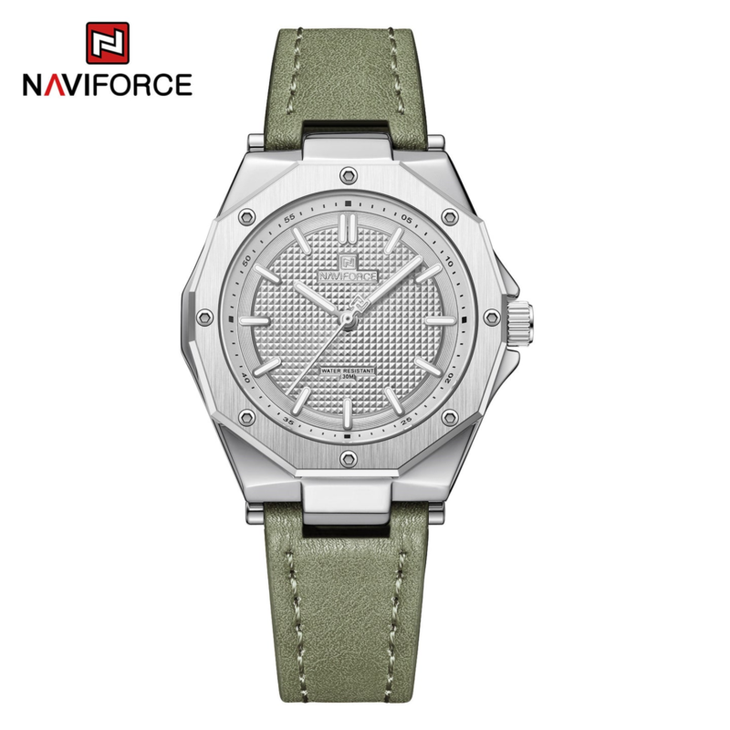 

Naviforce Analog Watch for Women with Leather Band, Water Resistant, NF5026, Green-Grey