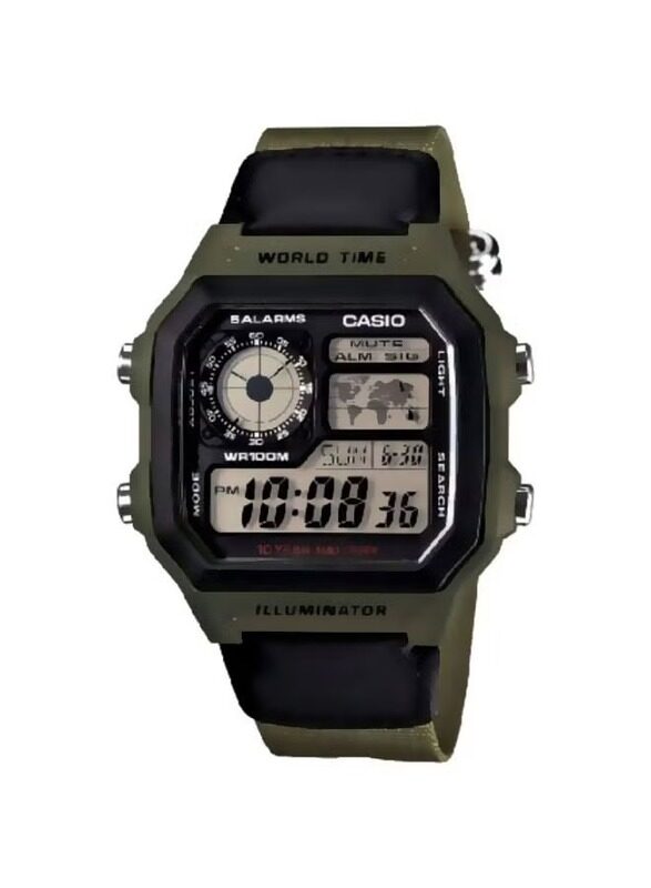 

Casio Illuminator Digital Watch for Men with Plastic Band, Water Resistant, AE-1200-WHB-3BV, Green/Black-Black/Grey