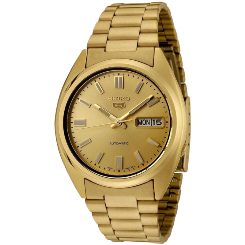 

Seiko Series 5 Analog Watch for Men with Stainless Steel Band, Water Resistant, SNXS80K1, Gold-Gold