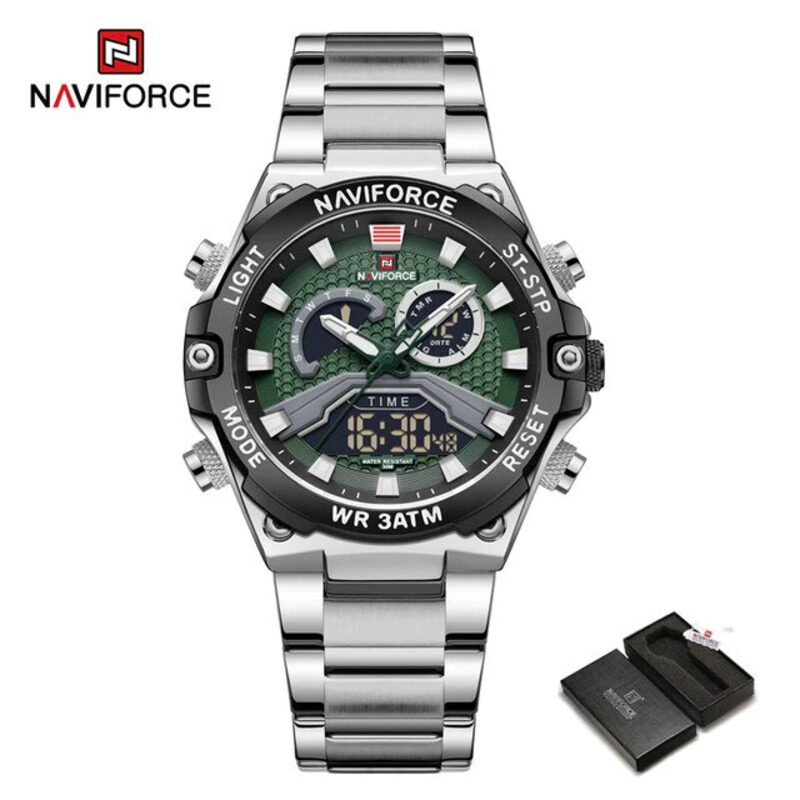 

Naviforce Analog/Digital Watch for Men with Stainless Steel Band, Water Resistant, NF9207, Silver-Green