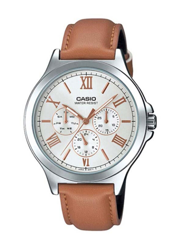 

Casio Analog Watch for Men with Leather Band, Water Resistant, MTP-V300L-7A2UDF, Brown-Silver