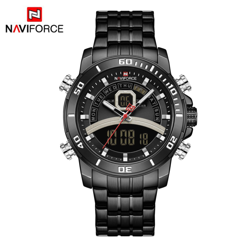 

Navi Force Analog/Digital Watch for Men with Stainless Steel Band, Water Resistant and Chronograph, 9181, Black-Black