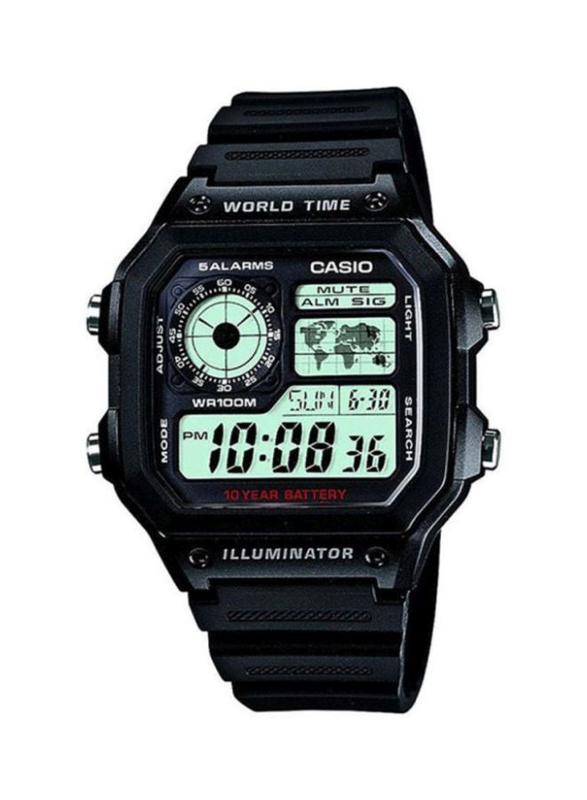Casio Digital Watch for Men with Resin Band, Water Resistant and Chronograph, AE-1200WH-1A, Black-Grey/Black