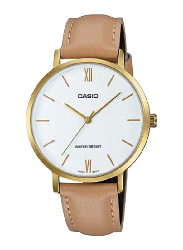 

Casio Enticer Analog Watch for Women with Leather Band, Water Resistant, LTP-VT01GL-7BUDF, Brown-White