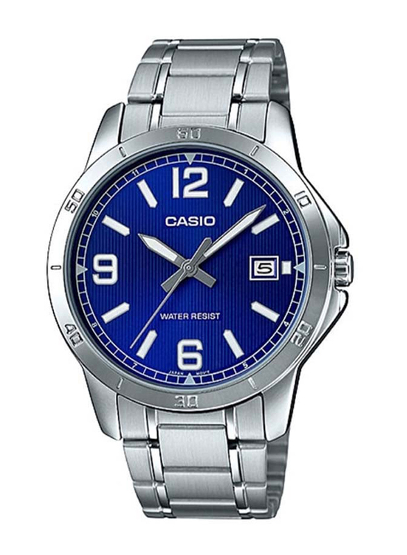 Casio Analog Watch for Men with Stainless Steel Band, Water Resistant, MTP-V004D-2BUDF, Silver-Blue