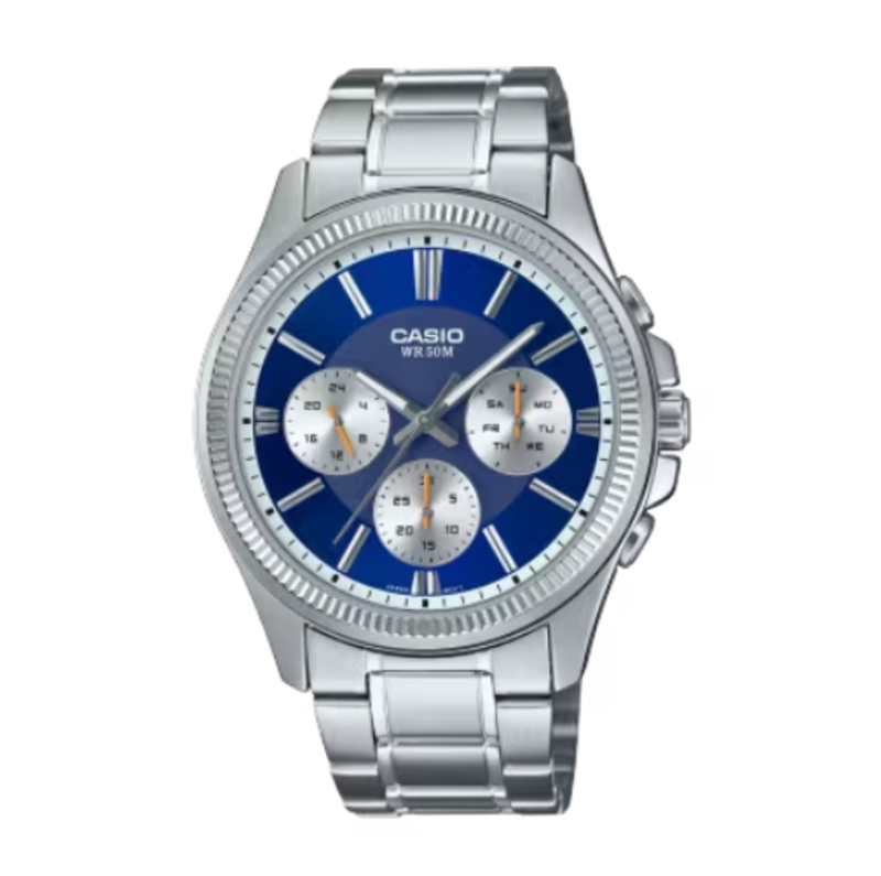 

Casio Analog Watch for Men with Stainless Steel Band, Water Resistant and Chronograph, MTP-1375D-2A1V, Silver-Blue