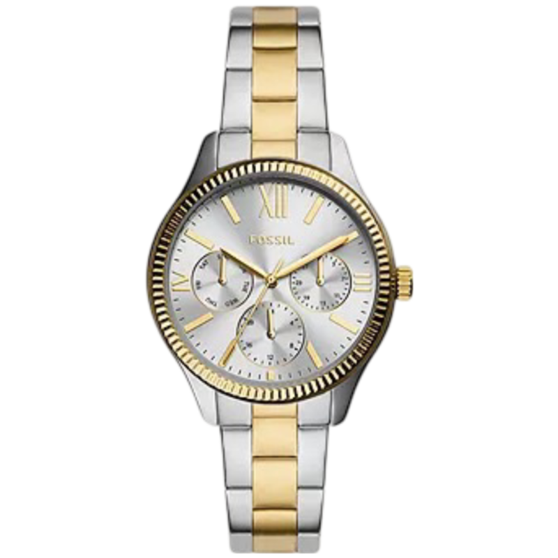 Fossil Rye Analog Watch for Women with Stainless Steel Band, Water Resistant and Chronograph, BQ3762, Silver/Gold-Silver