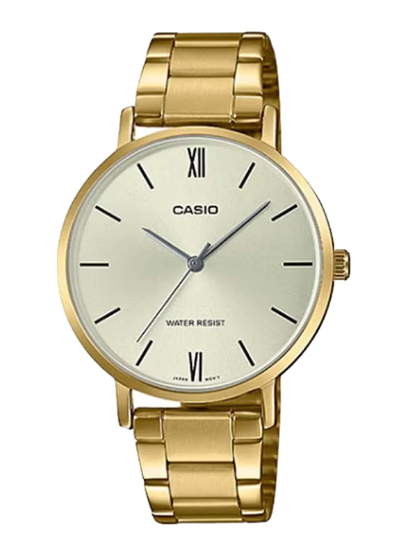 Casio Analog Wrist Watch for Women with Stainless Steel Band, Water Resistant, LTP-VT01G-9BUDF, Gold-Beige