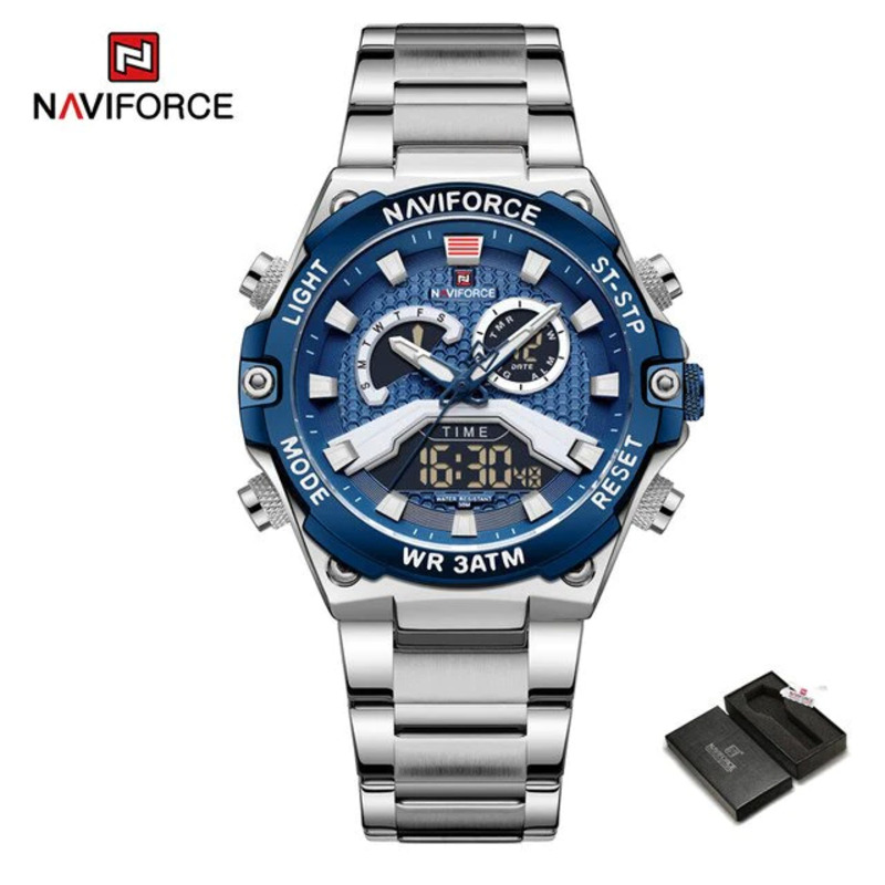 Naviforce Analog/Digital Watch for Men with Stainless Steel Band, Water Resistant, NF9207, Silver-Blue