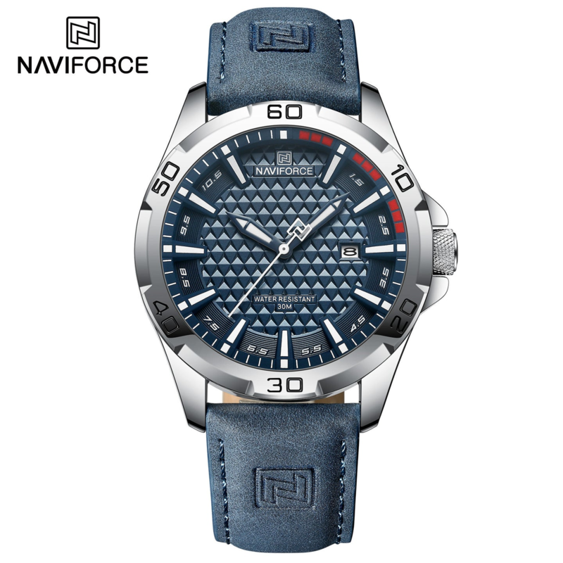 Naviforce Casual Sport Analog Watch for Men with PU Leather Band, Water Resistant, NF8023, Blue-Blue