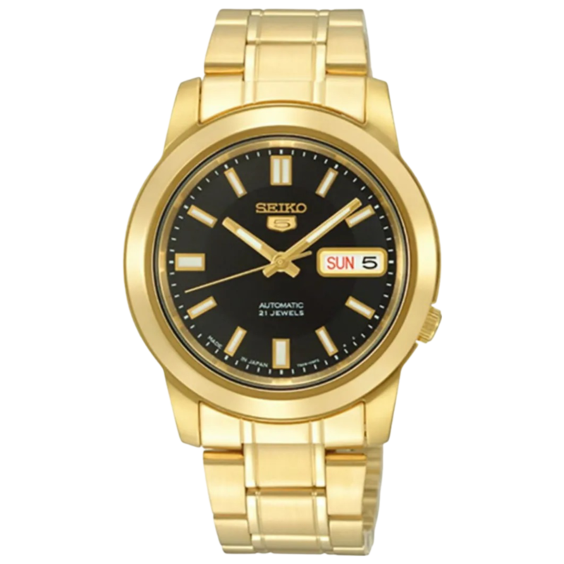 

Seiko 5 Automatic Analog Watch for Men with Stainless Steel Band, Water Resistant, SNKK22K1, Gold-Black