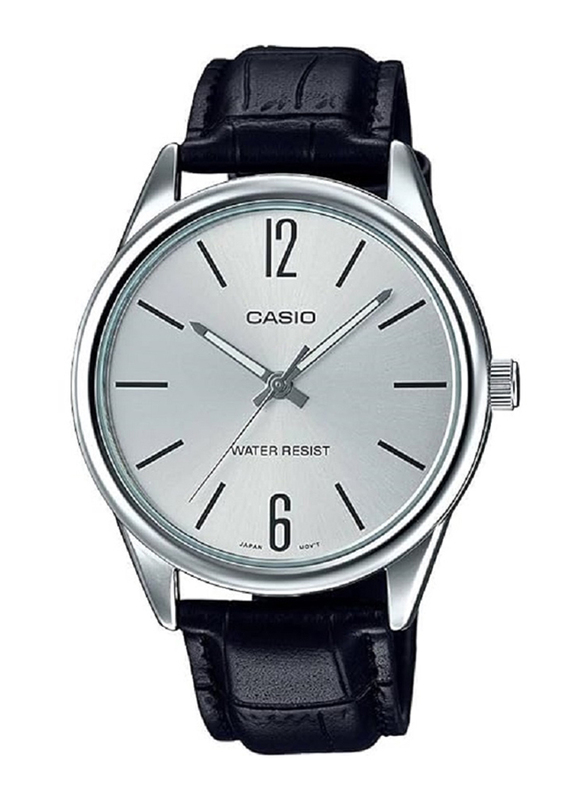 Casio Analog Watch for Men with Leather Band, Water Resistant, MTP-V005L-7BUDF, Black-Silver