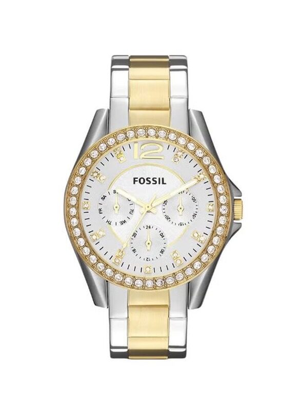 

Fossil Analog Wrist Watch for Women with Stainless Steel Band, Water Resistant, ES3204, Silver/Gold-White