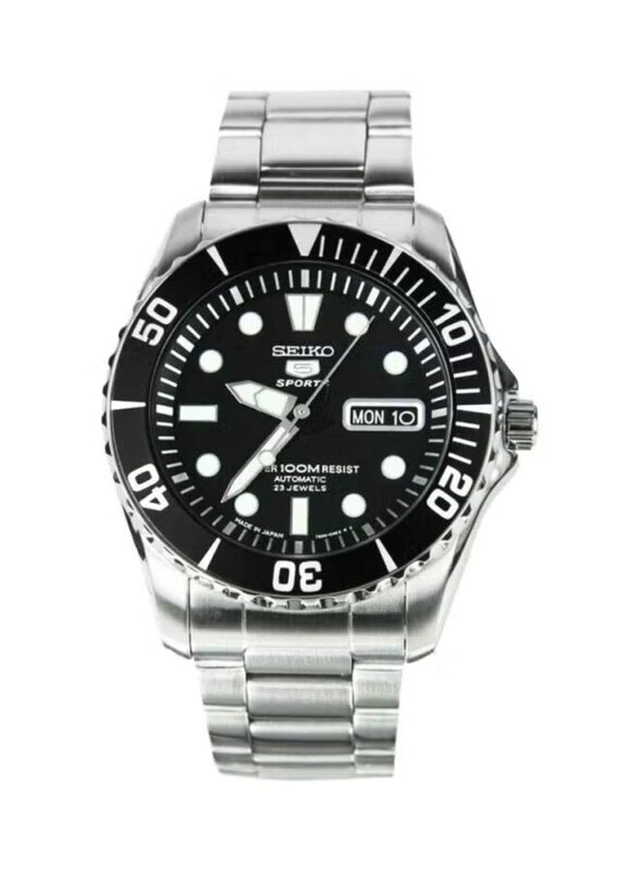 

Seiko 5 Sports Analog Watch for Men with Stainless Steel Band, Water Resistant, SNZF17J1, Silver-Black