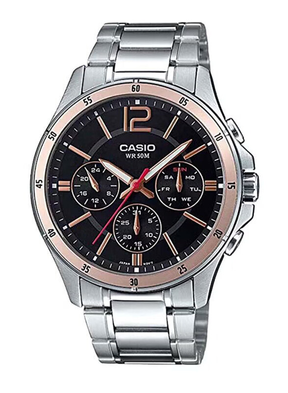 

Casio Enticer Analog Watch for Men with Stainless Steel Band, Water Resistant and Chronograph, MTP-1374D-2A, Silver-Black
