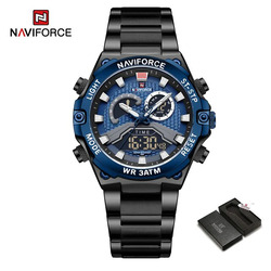 Naviforce Analog/Digital Watch for Men with Stainless Steel Band, Water Resistant, NF9207, Black-Blue