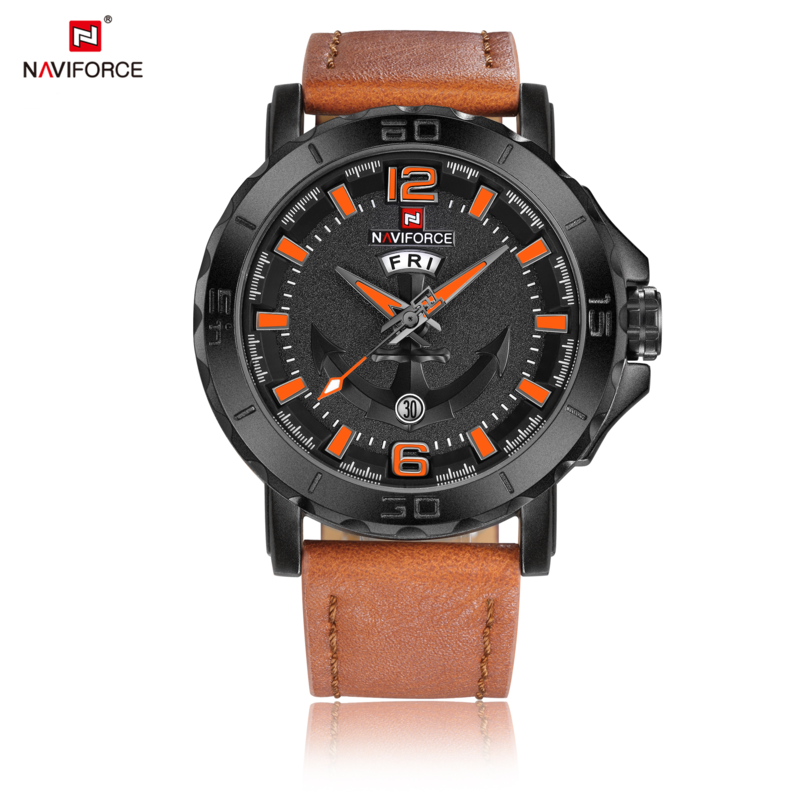 

Naviforce Analog Watch for Men with Leather Band, Water Resistant, NF9122, Light Brown-Black