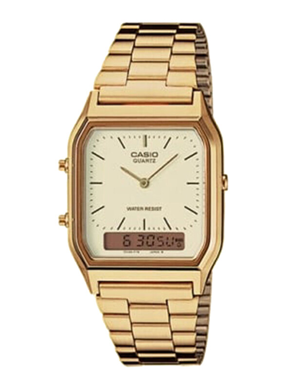 

Casio Vintage Analog + Digital Watch for Men with Stainless Steel Band, Water Resistant, AQ-230GA-9DMQYE, Gold-Beige