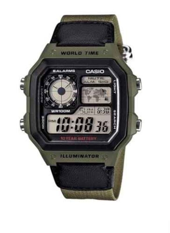 

Casio Digital Watch for Boys with Resin Band, Water Resistant and Chronograph, AE-1200WHB-3BVDF, Green/Black-Grey