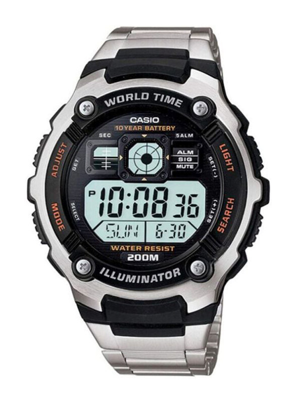 

Casio Casual Digital Wrist Watch for Men with Stainless Steel Band, Water Resistant, AE2000WD-1A, Silver-Black