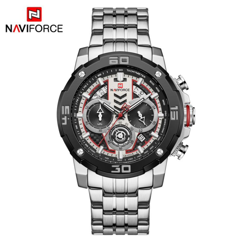 

Navi Force Analog Watch for Men with Stainless Steel Band, Water Resistant and Chronograph, 9175, Silver-Black