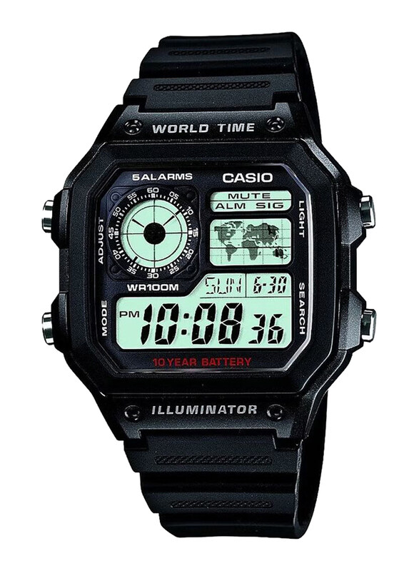 

Casio Digital Watch for Men with Synthetic Band, Water Resistant, AE-1200WH-1AVDF, Black-Green
