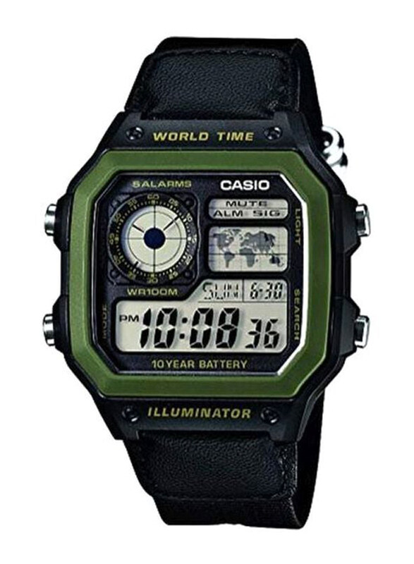 

Casio Classic Digital Watch for Men with Nylon Band, Water Resistant and Chronograph, AE-1200WHB-1BVDF, Black-Black/Grey