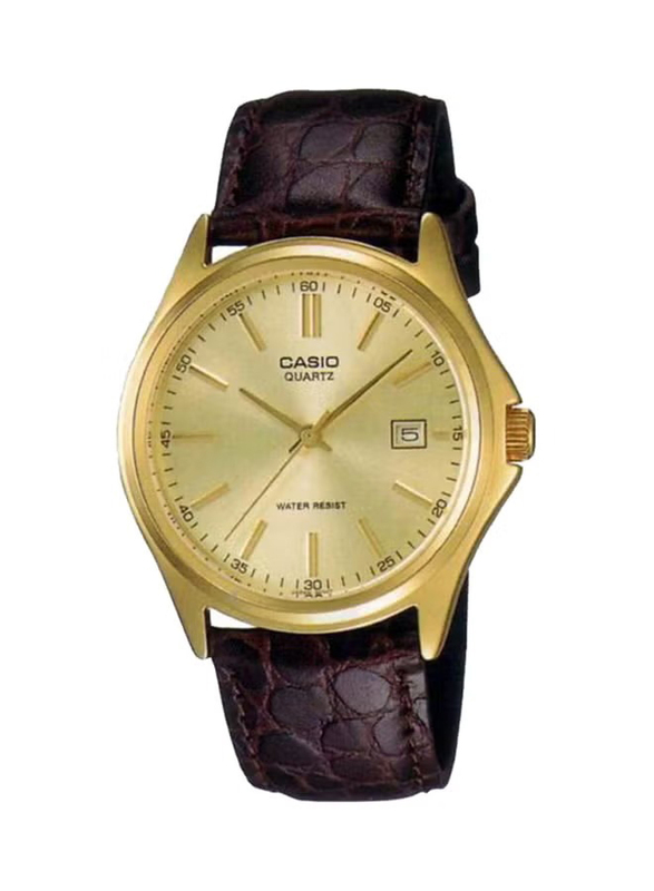 Casio Analog Wrist Watch for Men with Leather Band, Water Resistant, LTP-1183Q-9ADF, Dark Brown-Gold