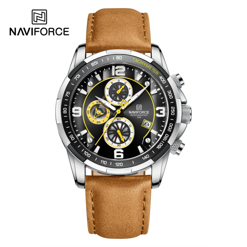 

Naviforce Trend Cool Analog Watch for Men with Leather Genuine Band, Water Resistant and Chronograph, NF8020L, Brown-Black