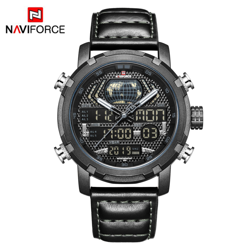 Naviforce Analog/Digital Watch for Men with Leather Genuine Band, Water Resistant and Chronograph, NF9160, Black-Blue