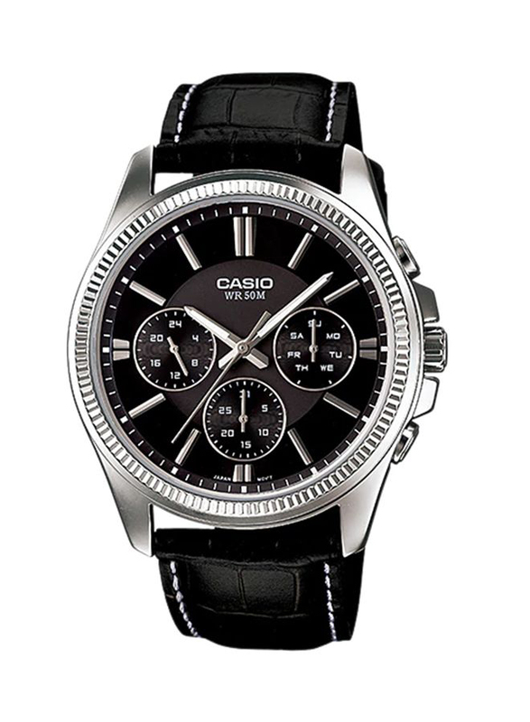 Casio Analog Watch for Men with Leather Band, Water Resistant and Chronograph, MTP-1375L-1ADF, Black