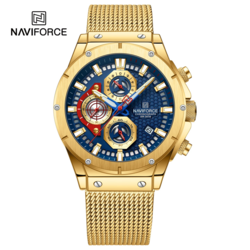 Naviforce Analog Watch for Men with Stainless Steel Band, Water Resistant and Chronograph, 8027 S, Gold-Blue