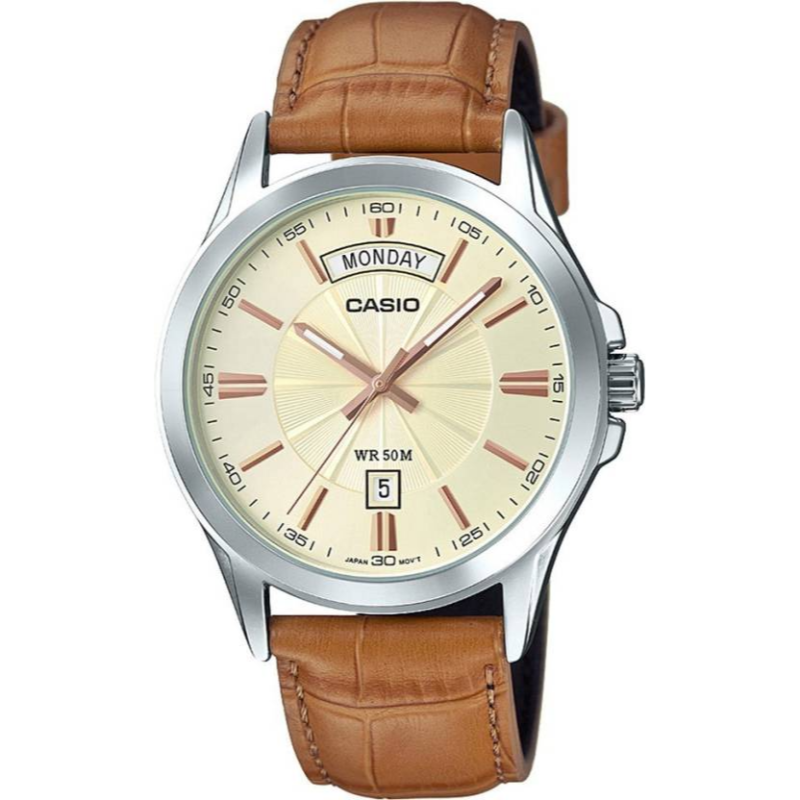 

Casio Enticer Men Analog Watch for Men with Leather Band, Water Resistant, MTP-1381L-9AVDF, Brown-Gold