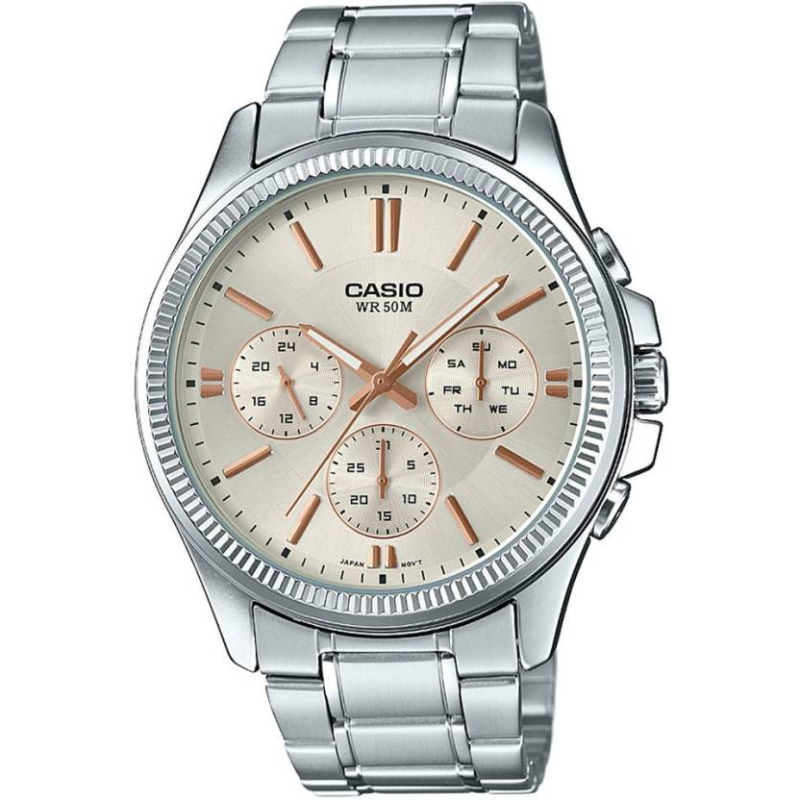 

Casio Enticer Men Analog Watch for Men with Stainless Steel Band, Water Resistant and Chronograph, MTP-1375D-7A2VDF, Silver-White