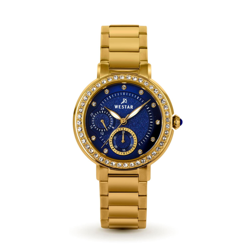 

Westar Analog Watch for Women with Stainless Steel Band, Water Resistant and Chronograph, 00156GPN104, Gold-Blue