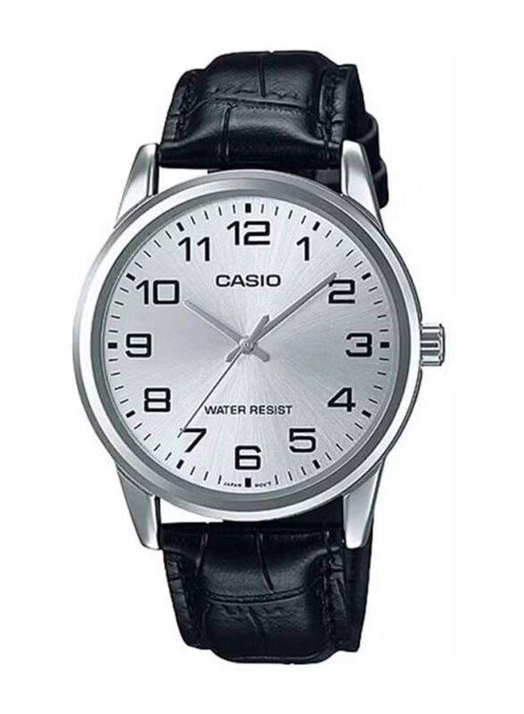 Casio Analog Watch for Men with Leather Band, Water Resistant, MTP-V001L-7B, Black-Silver
