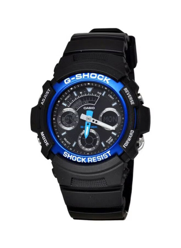 

Casio G-Shock Analog + Digital Quartz Watch for Men with Resin Band, Water Resistant, AW-591-2A, Black-Black/Blue