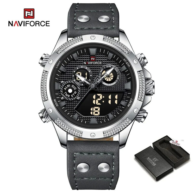 

Naviforce Analog/Digital Watch for Men with Leather Genuine Band, Water Resistant and Chronograph, 9224, Grey-Black