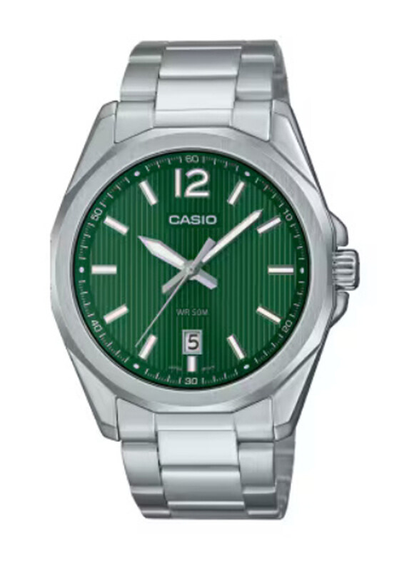 

Casio Standard Analog Watch for Men with Stainless Steel Band, Water Resistant, MTP-E725D-3AVDF, Silver-Green