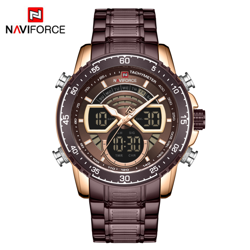 

Naviforce Analog/Digital Watch for Men with Stainless Steel Band, Water Resistant, 9189, Dark Brown-Rose Gold