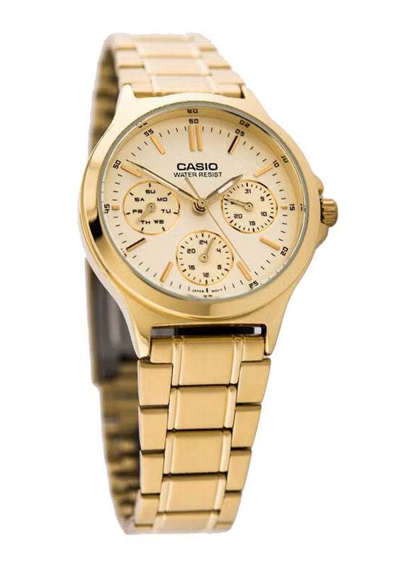 Casio Analog Watch for Women with Stainless Steel Band, Water Resistant and Chronograph, LTP-V300G-9A, Gold-Yellow