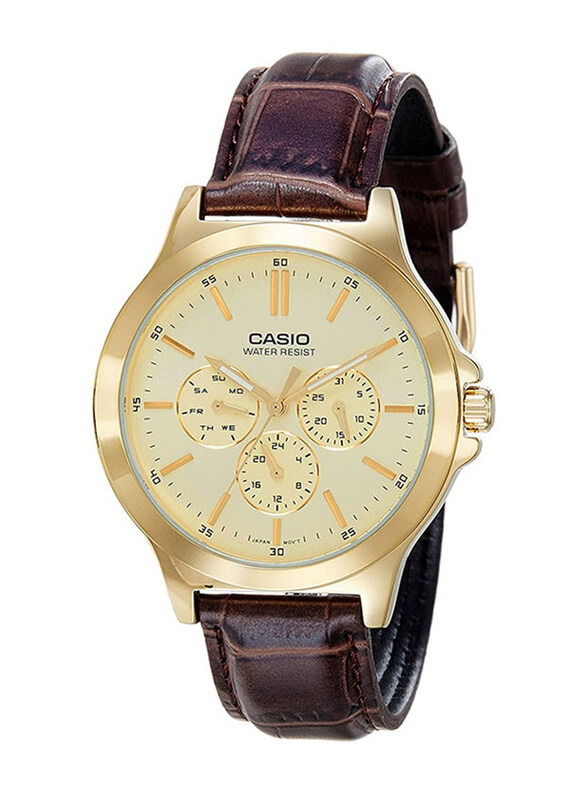 

Casio Analog Watch for Men with Leather Band, Water Resistant & Chronograph, MTP-V300GL-9A, Brown-Beige