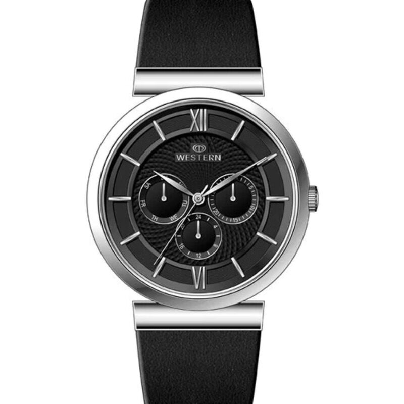 

Western Analog Watch for Men with Leather Band, Water Resistant and Chronograph, W1830GST040C, Black-Black